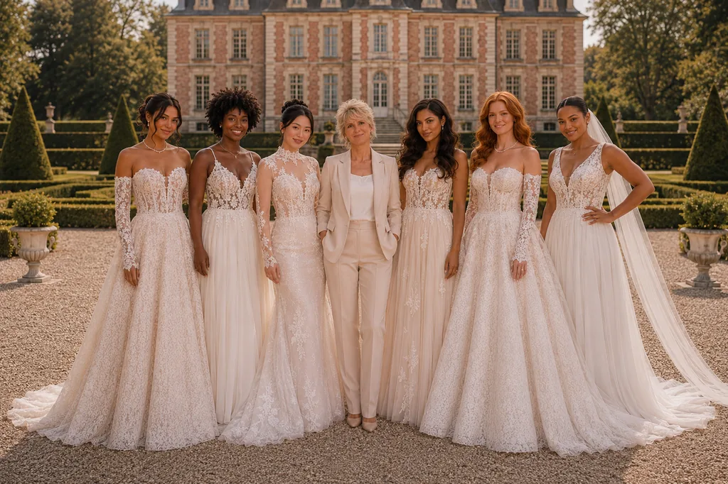 Annett Wenig-Hecht mit sechs Bräuten in Bianco-Evento-Plus-Size-Brautkleidern vor einem Schloss — Kollektion 2026