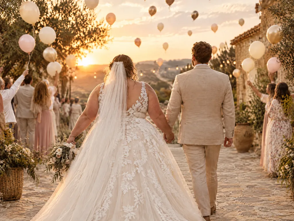 Symbolbild: Plus-Size-Braut im elfenbeinfarbenen Spitzenkleid mit Schleier geht Hand in Hand mit ihrem Bräutigam durch einen sonnigen Innenhof, Gäste lassen cremefarbene Ballons steigen